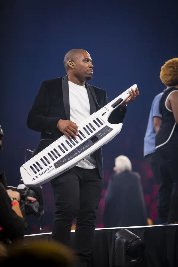 Keytar player mid-performance on stage