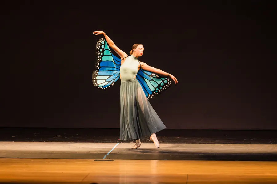 Dancer with butterfly wings extended mid-performance